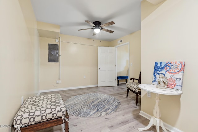 sitting room featuring light hardwood / wood-style flooring, electric panel, and ceiling fan