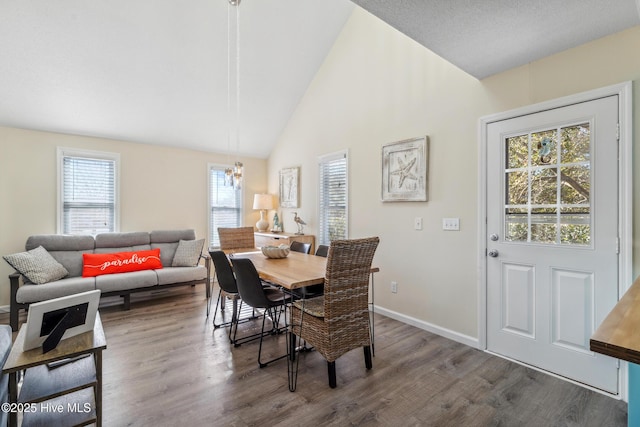 dining room with dark hardwood / wood-style flooring and high vaulted ceiling