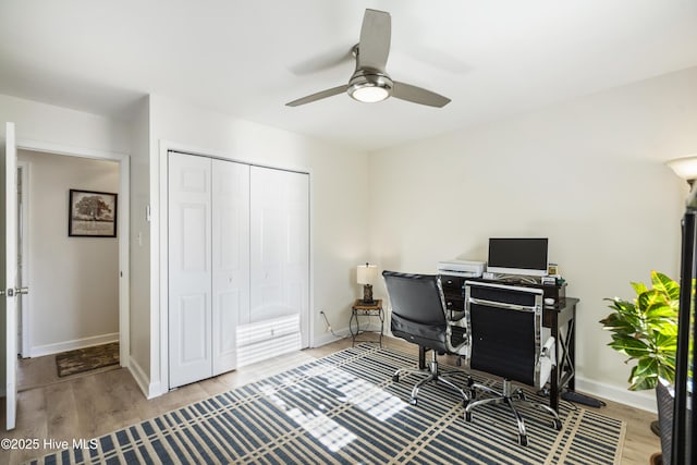 office area featuring hardwood / wood-style floors and ceiling fan