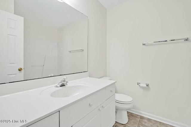 full bath with baseboards, vanity, and toilet