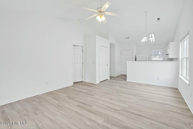 unfurnished living room featuring light wood-style flooring, visible vents, high vaulted ceiling, and baseboards