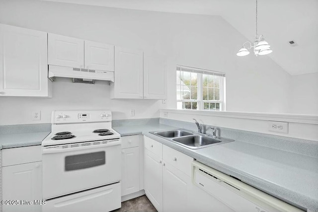 kitchen featuring white appliances, lofted ceiling, under cabinet range hood, white cabinetry, and a sink