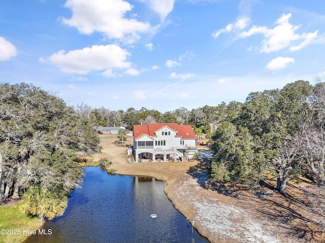 drone / aerial view featuring a water view