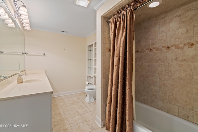 full bathroom with crown molding, vanity, shower / bath combination with curtain, tile patterned floors, and toilet