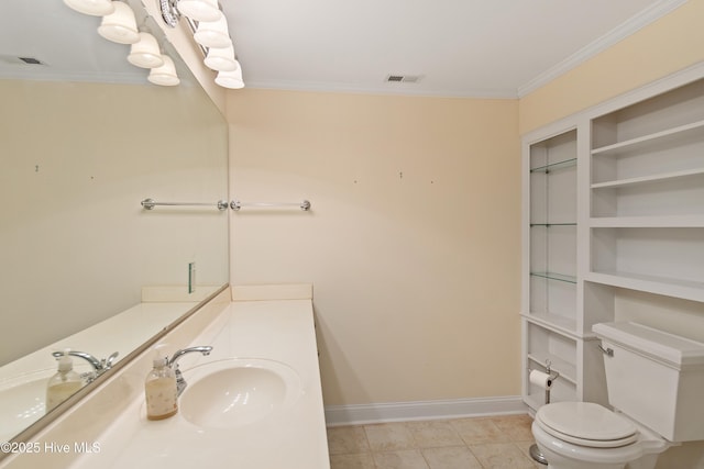 bathroom with vanity, a notable chandelier, ornamental molding, tile patterned floors, and toilet