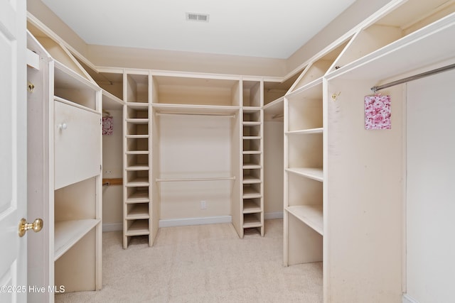 spacious closet featuring light carpet