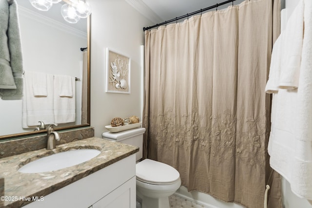 bathroom featuring vanity, ornamental molding, toilet, and a shower with shower curtain