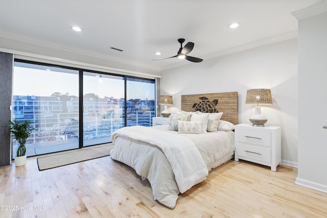 bedroom with access to outside, ornamental molding, ceiling fan, and light wood-type flooring