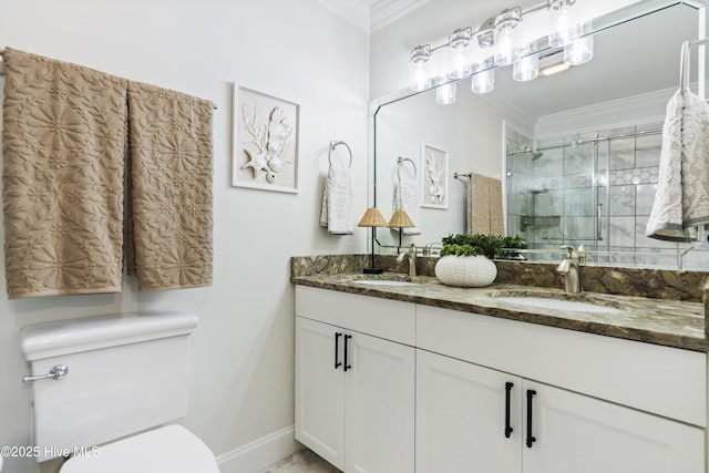 bathroom featuring ornamental molding, toilet, vanity, and walk in shower