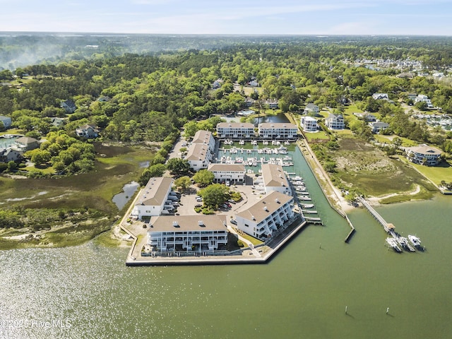 drone / aerial view featuring a water view