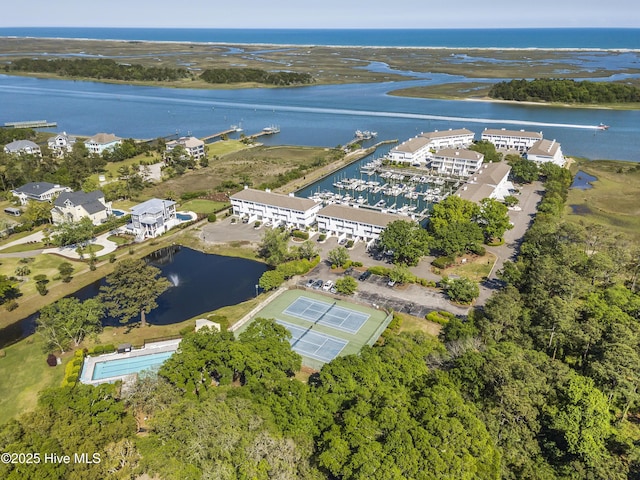 aerial view featuring a water view