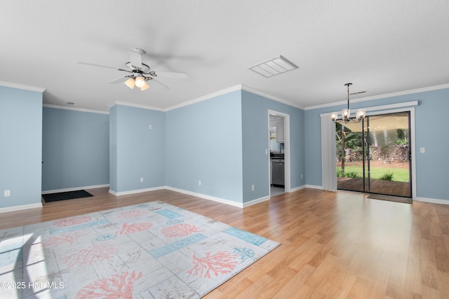 unfurnished room with ceiling fan with notable chandelier, light hardwood / wood-style flooring, crown molding, and a textured ceiling