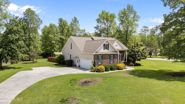 view of home's exterior featuring driveway, roof with shingles, a yard, brick siding, and a garage