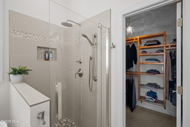 bathroom with a stall shower and a spacious closet