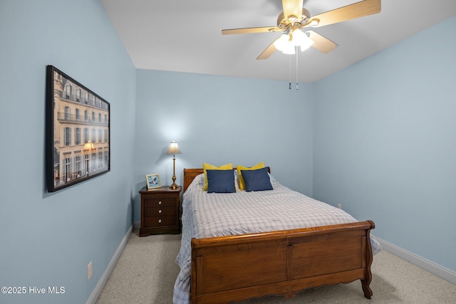 bedroom featuring a ceiling fan, carpet flooring, and baseboards