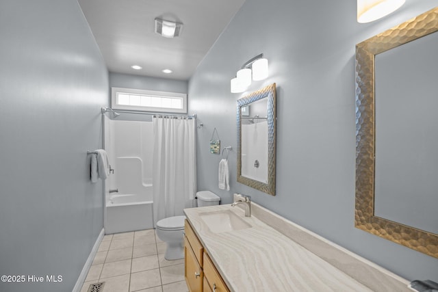 full bathroom featuring shower / bath combination with curtain, vanity, tile patterned floors, and toilet