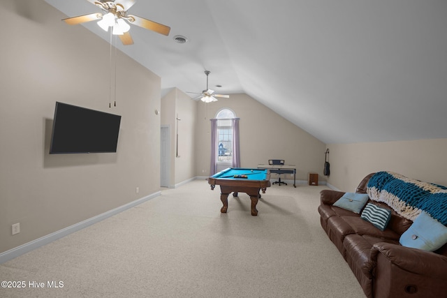 recreation room with lofted ceiling, baseboards, light carpet, billiards, and a ceiling fan