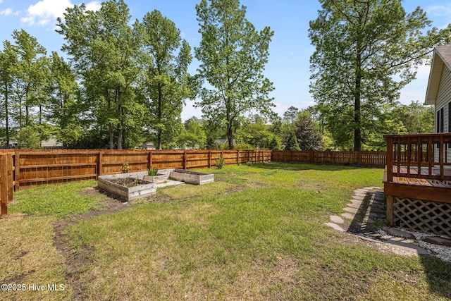 view of yard featuring a fenced backyard, a wooden deck, and a garden