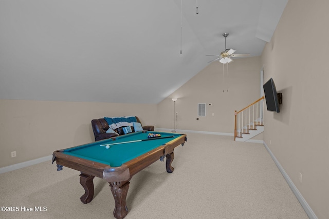 rec room featuring light carpet, vaulted ceiling, billiards, and ceiling fan