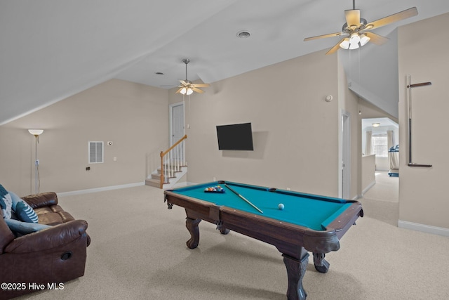 recreation room featuring pool table, vaulted ceiling, light colored carpet, and ceiling fan