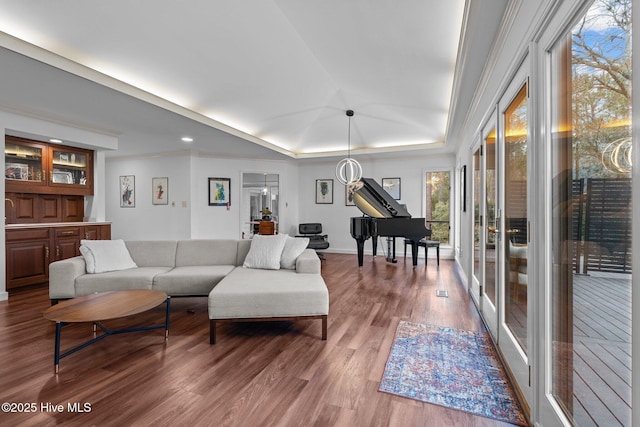 living room with hardwood / wood-style flooring, a raised ceiling, and a wealth of natural light