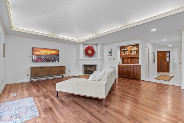 living room with a raised ceiling, hardwood / wood-style floors, and a fireplace