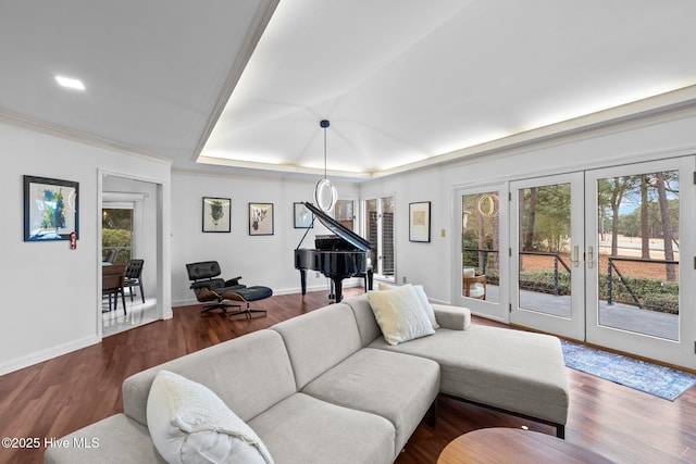 living room with dark wood-type flooring, a raised ceiling, and french doors