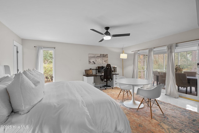 tiled bedroom with ceiling fan