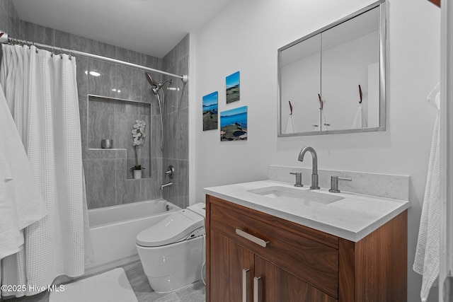 full bathroom with vanity, toilet, and shower / bath combo with shower curtain