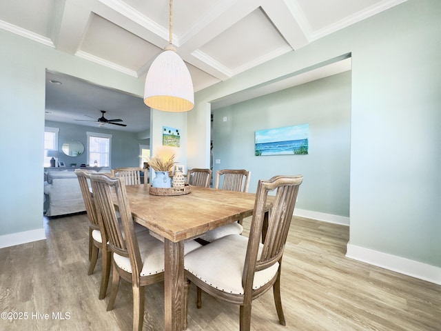 dining room with beamed ceiling, wood-type flooring, coffered ceiling, and crown molding