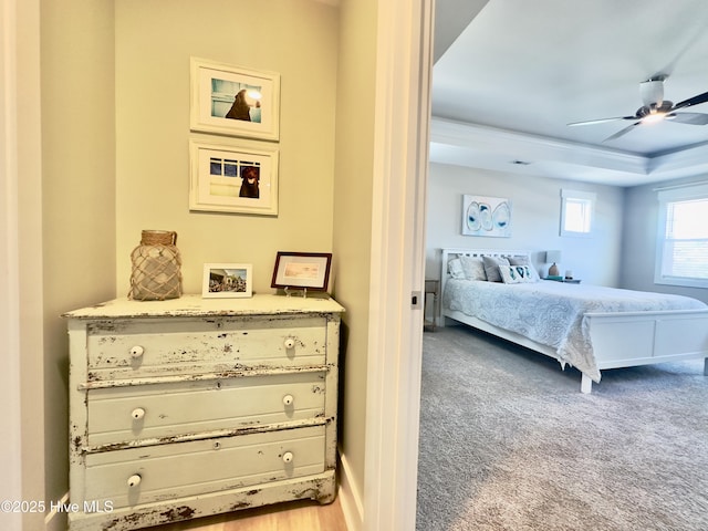 carpeted bedroom with ceiling fan and a raised ceiling