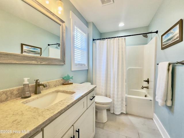 full bathroom with tile patterned flooring, vanity, shower / bath combination with curtain, and toilet