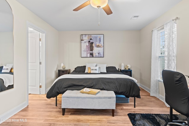 bedroom featuring light hardwood / wood-style floors and ceiling fan