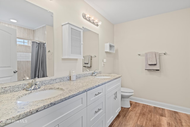 62 NE Dr NW, Calabash, NC 28467 - bathroom with toilet, double vanity, a shower with curtain, wood finished floors, and baseboards