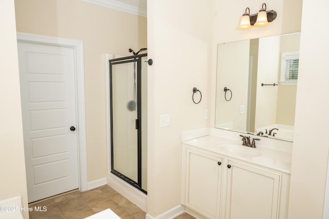 bathroom featuring crown molding, vanity, and an enclosed shower