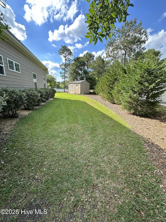 view of yard with a storage shed