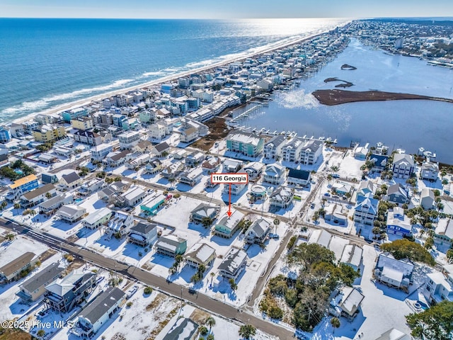 aerial view featuring a water view