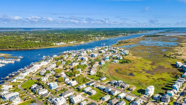 aerial view featuring a water view and a residential view