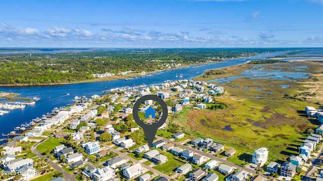 aerial view featuring a water view and a residential view