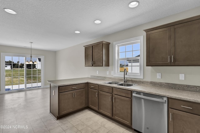 kitchen with pendant lighting, plenty of natural light, sink, kitchen peninsula, and stainless steel dishwasher