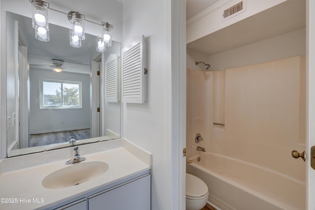 full bath with toilet, shower / bath combination, vanity, and visible vents