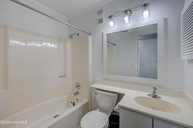 bathroom with shower / bath combination, visible vents, toilet, ornamental molding, and vanity