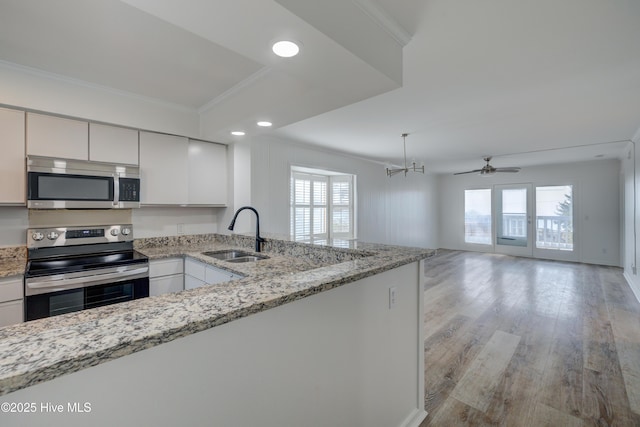 kitchen featuring a wealth of natural light, appliances with stainless steel finishes, ornamental molding, a sink, and light wood-type flooring