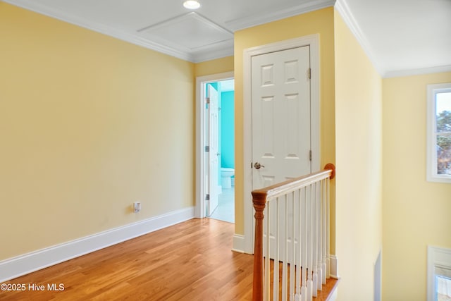 hallway with crown molding and hardwood / wood-style floors