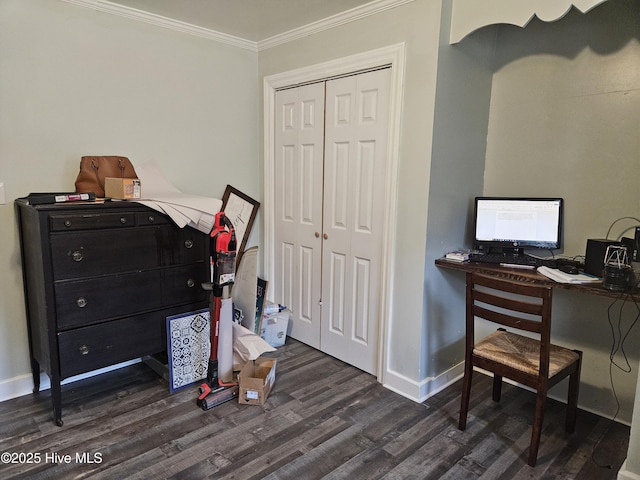 office featuring dark hardwood / wood-style floors and ornamental molding