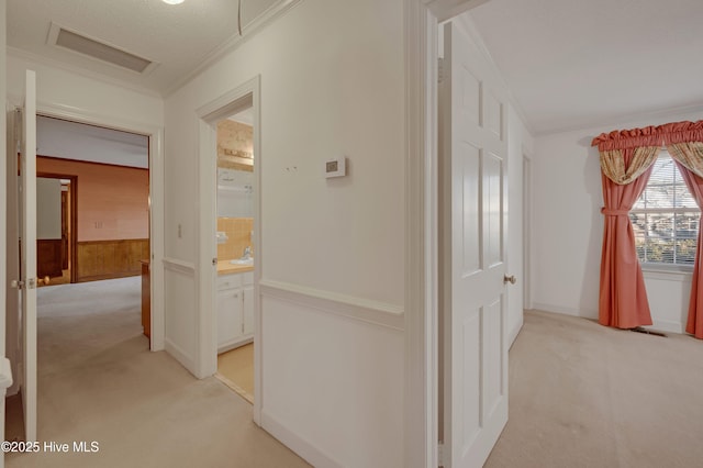 hallway featuring light colored carpet, a textured ceiling, ornamental molding, and wood walls