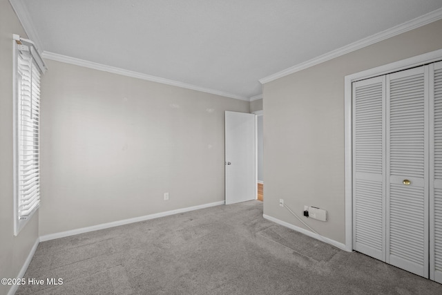 unfurnished bedroom with crown molding, a closet, and carpet flooring