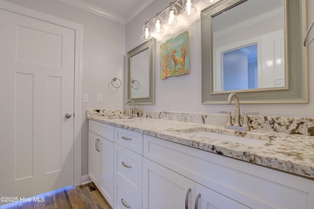 bathroom featuring vanity, ornamental molding, and wood-type flooring