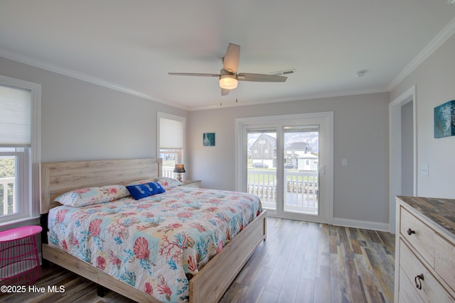 bedroom with wood-type flooring, access to exterior, ceiling fan, and ornamental molding