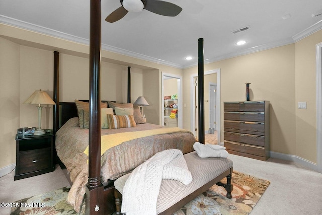 carpeted bedroom with recessed lighting, a ceiling fan, visible vents, baseboards, and ornamental molding